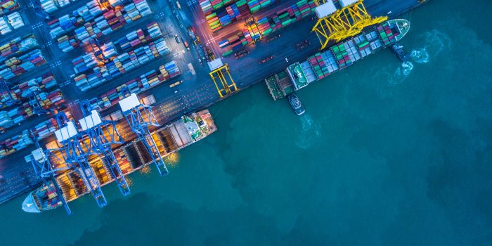 Aerial view of container cargo ship, Container Cargo ship in import export logistic, Logistics and transportation of International Container Cargo ship.